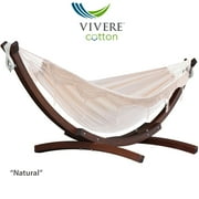 Vivere Double Cotton Hammock with Solid Pine Stand- Natural with Fringe